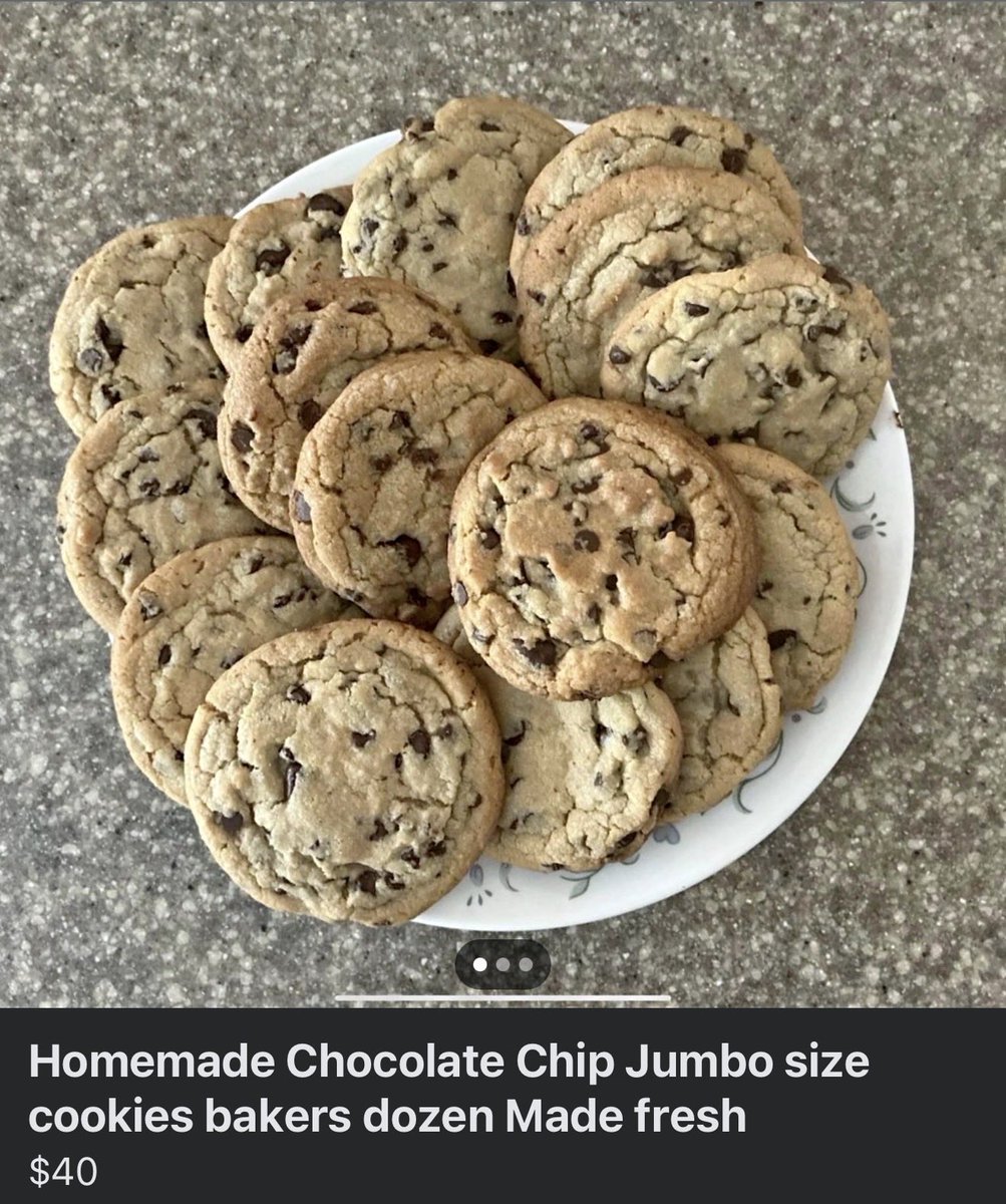 richflips21's tweet image. I’m not so sure I’m buying homemade chocolate chip cookies off of Marketplace for $40 😂

#cookies #homemade #fresh #marketplace