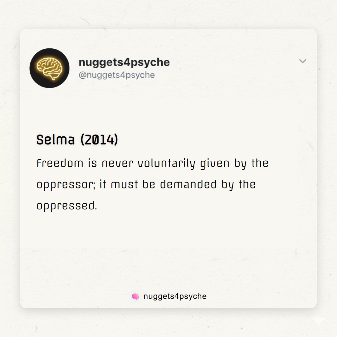 nuggets4psyche's tweet image. Selma (2014)

Freedom is never voluntarily given by the oppressor; it must be demanded by the oppressed.

#CivilRights #Justice #Equality #HumanRights #VotingRights
