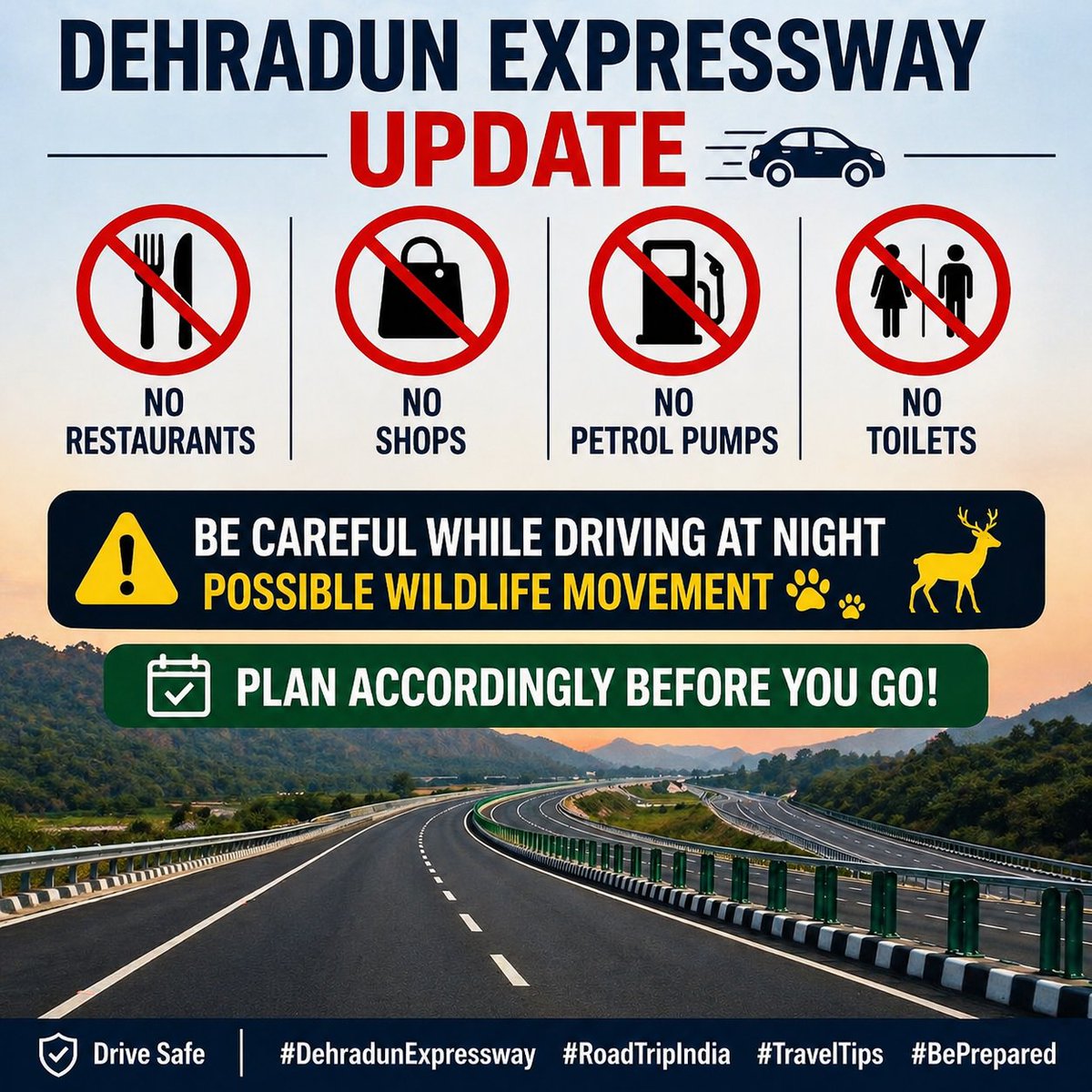 amit_pcb's tweet image. Dehradun Expressway 🚗
No facilities available yet (food, fuel, toilets).
Avoid late-night driving; watch for wildlife movement.
Plan your journey in advance.
#DehradunExpressway #SafetyFirst #TravelTips #DriveSafe