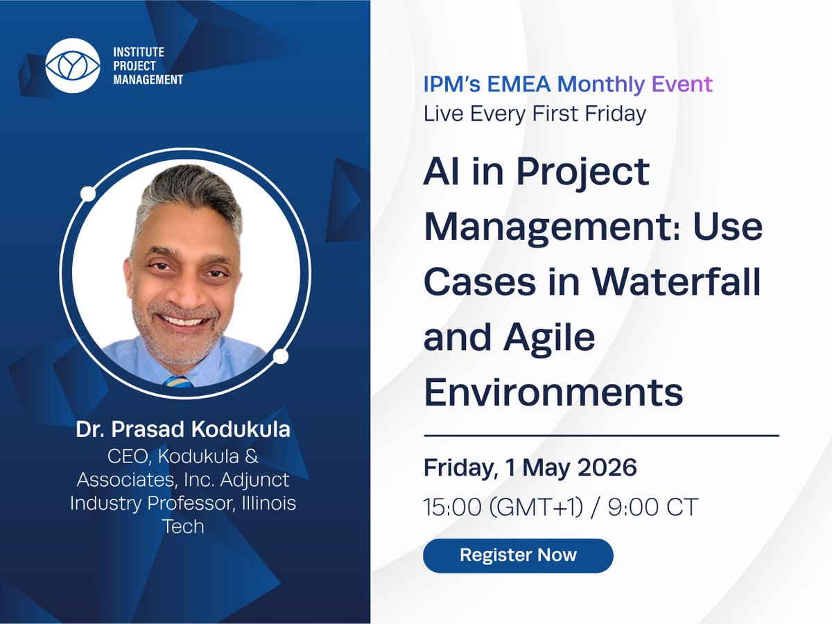 ProjectMgmtInst's tweet image. Join Dr. Prasad Kodukula as he walks through real, practical ways AI can support your day-to-day decisions and make delivery a bit smoother: instituteprojectmanagement.com/events/?utm_so… 

#ProjectManagement #GenerativeAI #Agile #Waterfall #DigitalTransformation