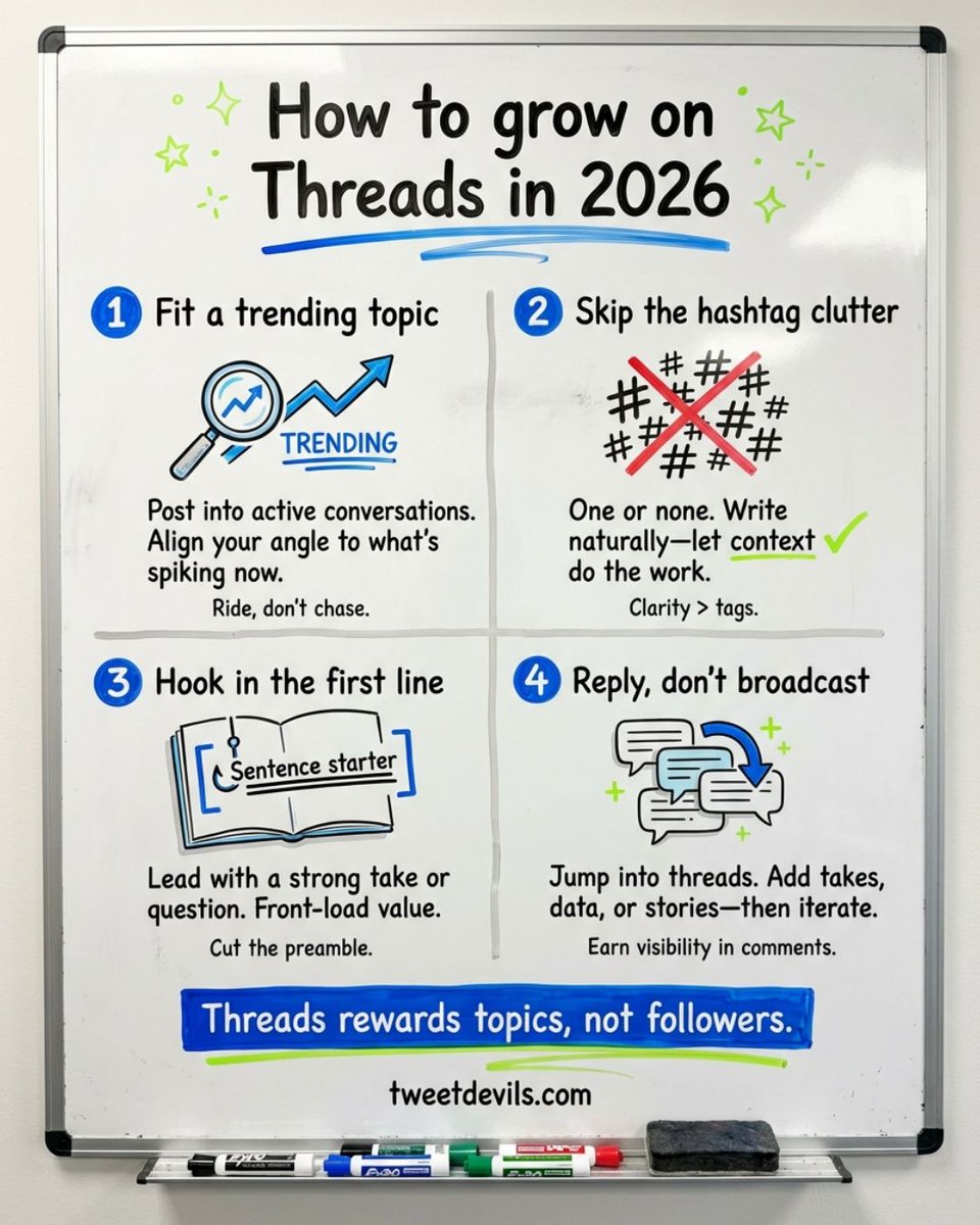 TweeetDevils's tweet photo. Threads 2026: fit a topic · skip hashtag clutter · first-line hook · reply > broadcast. Topics > followers. #ThreadsTips https://t.co/0NLQPK2bMl