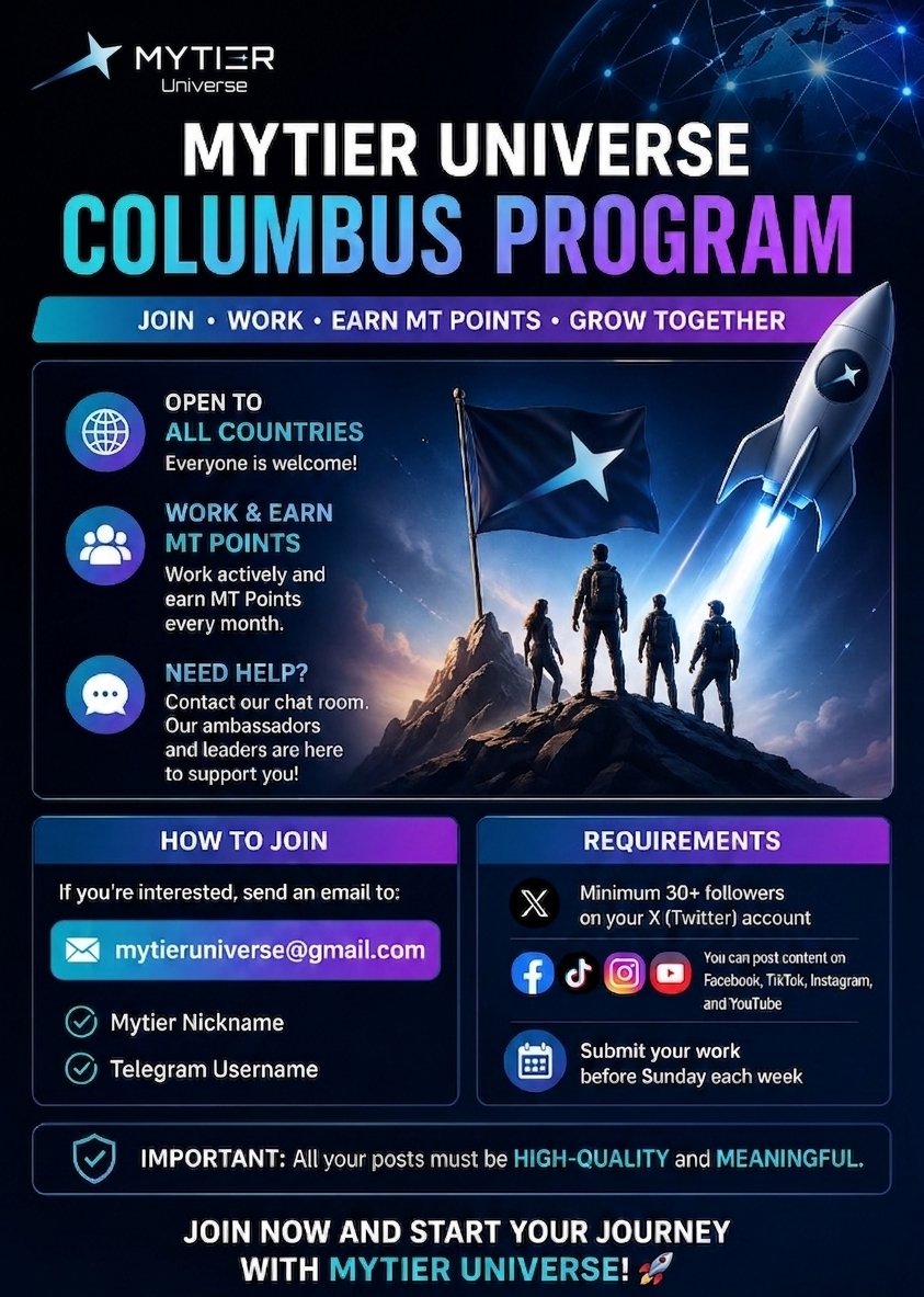 Mytier_BD's tweet image. 🔥 Mytier Universe Columbus Program 🔥

The Columbus Program is still running until listing — a great chance to join and earn MT Points every month 🚀

👉 Now open for all countries
👉 Join, stay active, and grow with the community

💬 Need help? Join our chat room — ambassadors