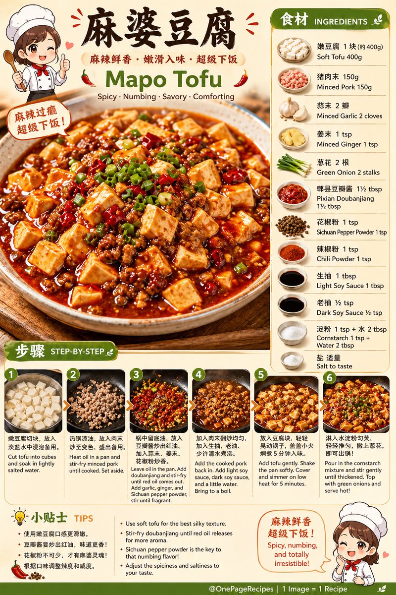 wumingzhibei26's tweet image. 👀🔥 This silky tofu in spicy sauce is dangerously addictive!
Mapo Tofu
Rich, numbing, and packed with umami 😋
Make it tonight and taste Sichuan magic 👇

👀🔥 又麻又辣，一口直接上头！
麻婆豆腐
嫩滑入味，酱香浓郁超下饭 😋
今晚一定要试试 👇 @OnePageRecipes
#recipe #easycooking #