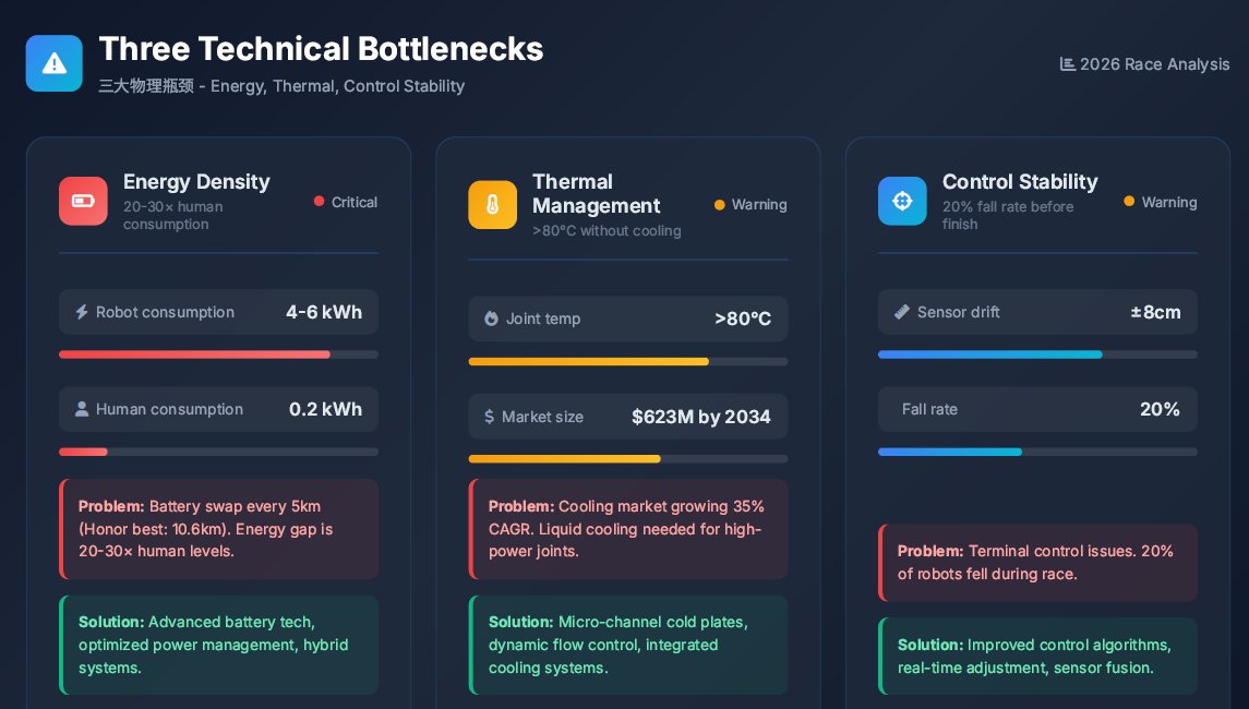 kemingj's tweet photo. 8/ ⚠️ THE THREE BOTTLENECKS

🔋 ENERGY CRISIS:
• Robot consumption: 4-6 kWh per half-marathon
• Human consumption: 0.2 kWh
• Gap: 20-30× human levels
Honor's best: 10.6 km per battery swap (still required 3 swaps for 21 km)

🌡️ THERMAL NIGHTMARE:
• Joint motors: >500W
• Core temps: >80°C without liquid cooling
• Cooling consumes: ~15% of power budget

⚖️ CONTROL INSTABILITY:
• Fall rate: 20% (1 in 5 robots fell during race)
• Sensor drift: ±8 cm
• Terminal control breakdown at extreme performance

#PhysicalAI #HumanoidRobots #AIHardware #TechChina #TechStrategy

https://t.co/9EKUPeFtBv
