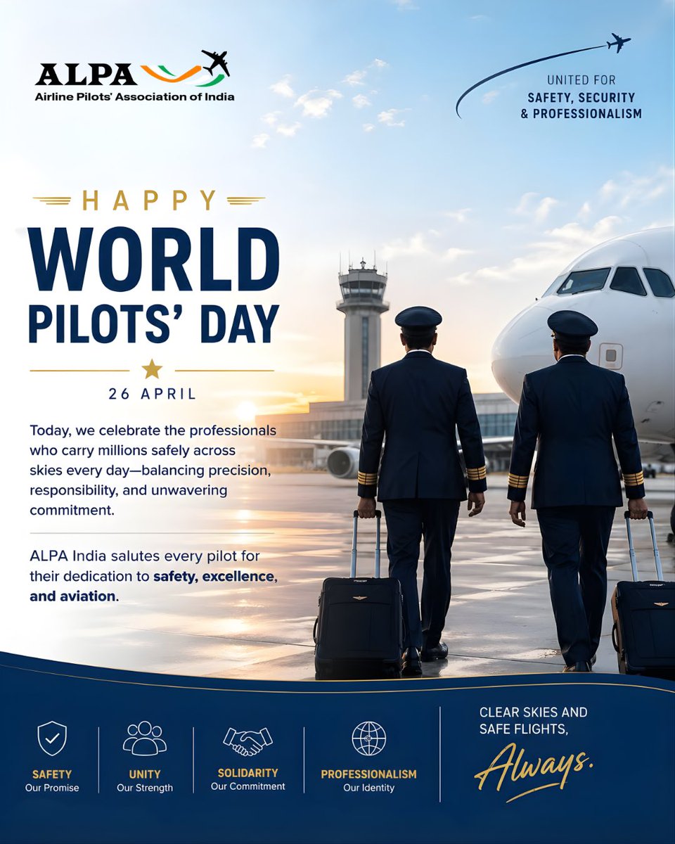 In_Alpa's tweet photo. Behind every safe landing is skill, discipline, and responsibility.

On World Pilots’ Day, ALPA India salutes the professionals who keep the skies safe and the world connected.

Clear skies and safe flights, always. https://t.co/QbkjPcLgHe