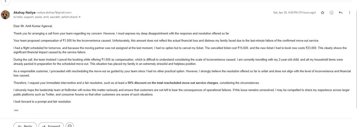 AkshayNatiye's tweet photo. no response even after email escalation.Requesting urgent attention from consumer authorities and media.
@jagograhakjago @consaff @nch1915 @TimesNow @ndtv @CNNnews18 @Republic_Bharat @mirror_now

#NoBroker #ConsumerComplaint #CustomerRights #ServiceFailure #PoorCustomerService https://t.co/az6kxrKTUg