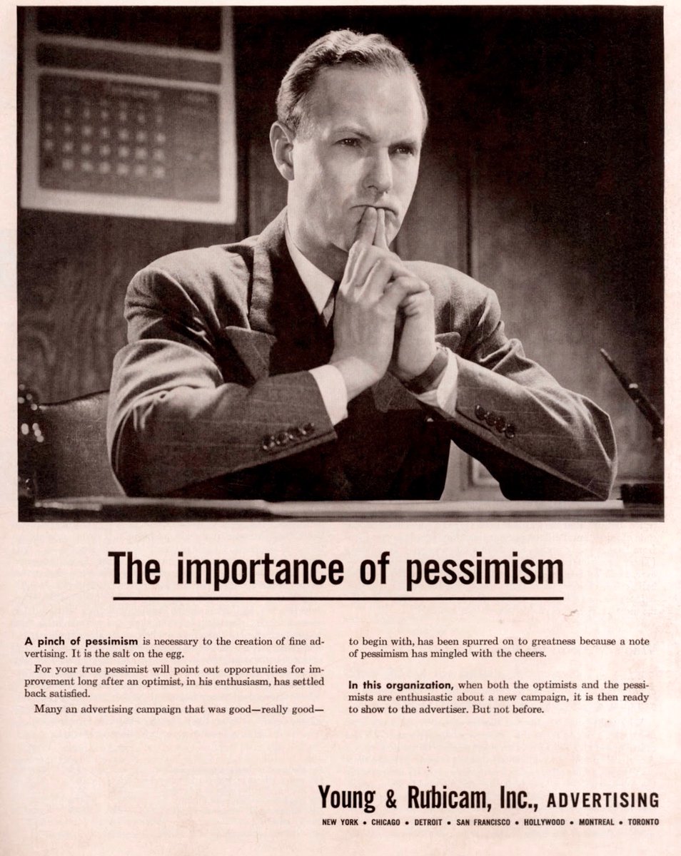 LRonLacy's tweet image. In #APRIL 1942
‘The importance of Pessimism’
‘A pinch of pessimism is necessary to the creation of fine advertising. It is the salt on the egg. ...’
Young &amp;amp; Rubicam, Inc., Advertising. April 1942.
#advertising #YoungandRubicam #graphicdesign #blackandwhitephotography