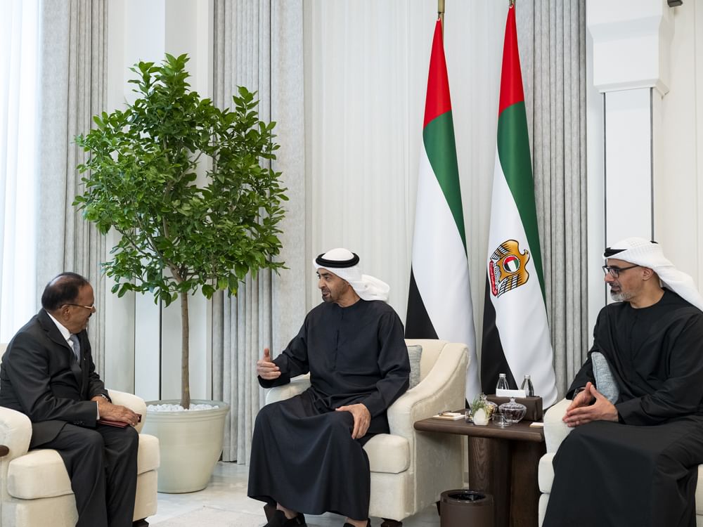 NSA Ajit Doval paid an official visit to the UAE.
He called on President HH Sheikh <a href="/MohamedBinZayed/">محمد بن زايد</a>. Conveyed greetings of PM <a href="/narendramodi/">Narendra Modi</a> .  Measures to deepen Comprehensive Strategic Partnership, the regional situation, and other issues of mutual interest were discussed.