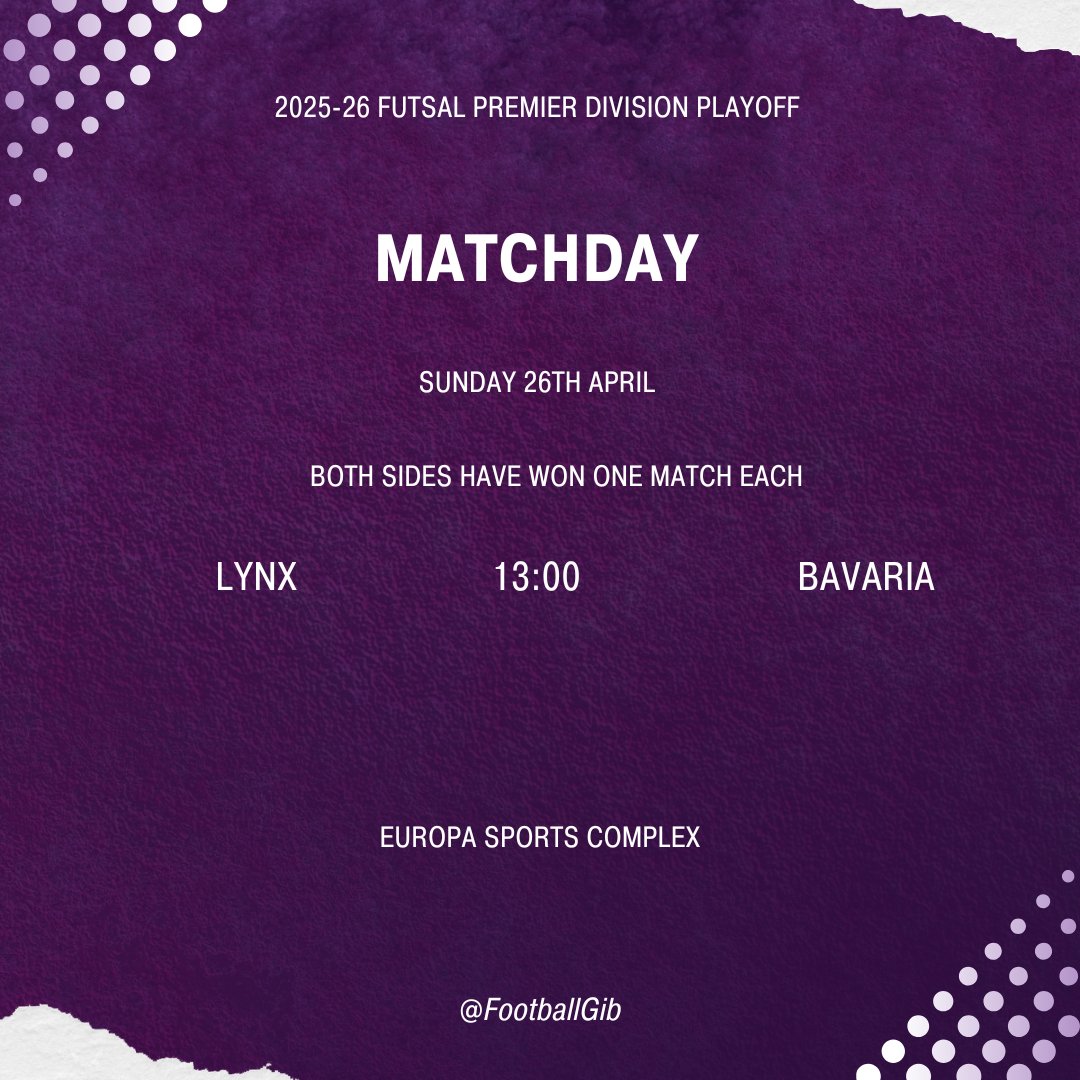 FootballGib's tweet photo. In futsal, @Lynxfcgib and @BavariaFCC face off in a winner-takes-all match at 1pm, to see who faces Europa in the Premier Division playoff final. 

#Gibraltar #Futsal https://t.co/uCyO59uydA