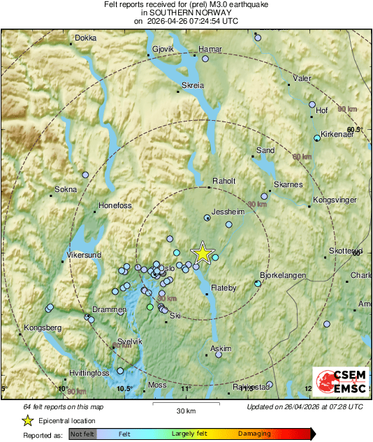 LastQuake's tweet image. #Earthquake 24 km NE of #Oslo (#Norway) 4 min ago (local time 09:24:54). Colored dots represent local shaking &amp;amp; damage level reported by eyewitnesses. Share your experience:
📱m.emsc.eu/#app
🌐m.emsc.eu/?id=1985046