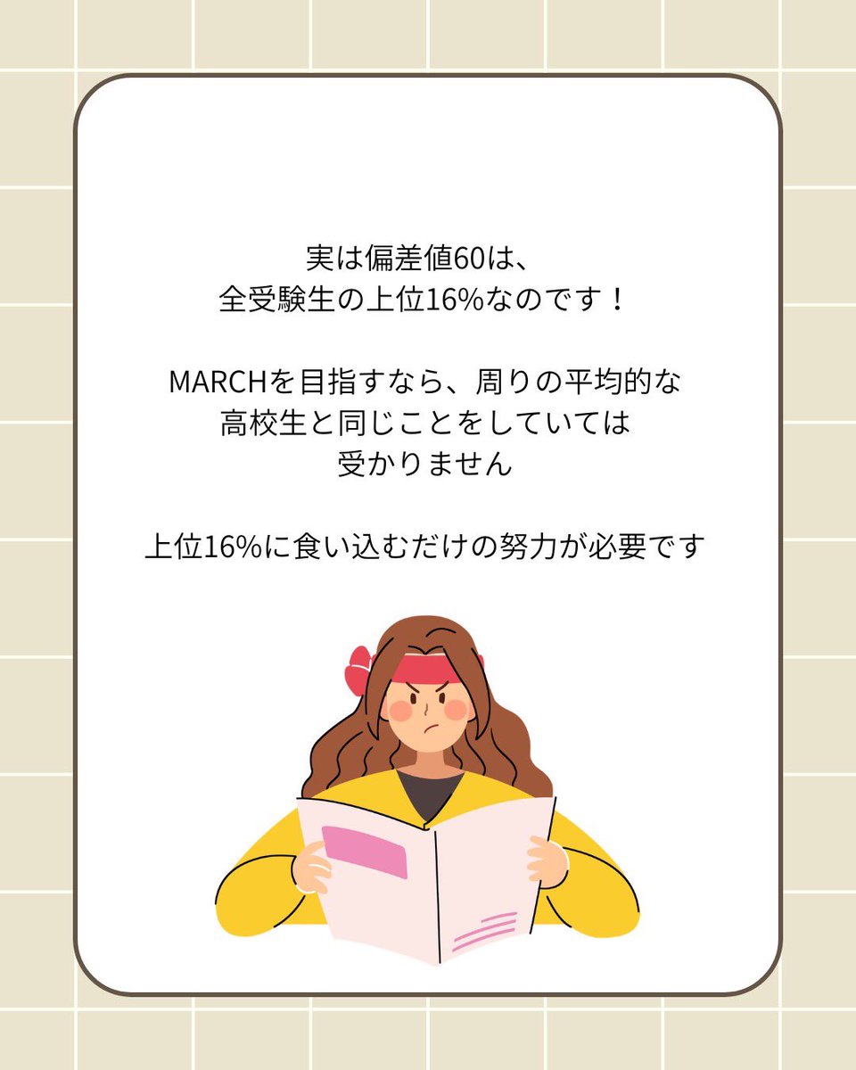 takedanerima's tweet image. 【「偏差値60」って上位何%か知っている？】

実は全受験生の上位16%なのです！

上位16%に食い込むためには、その他84%がやっていない努力を積み上げるしかありません💪

本気でMARCHに行きたいなら、今日から「上位16%の基準」で動き出そう💨
#大学受験 #MARCH #武田塾練馬校