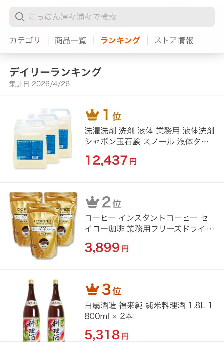 ヤフーショッピングで食料品を見ていたらいつも買うショップのデイリーランキングがシャボン玉石けんの液体スノール業務用サイズ3本セットだった。さすがに合成洗剤の臭さと有害性に気がついた人達が増えたのかな？と嬉しくなった。