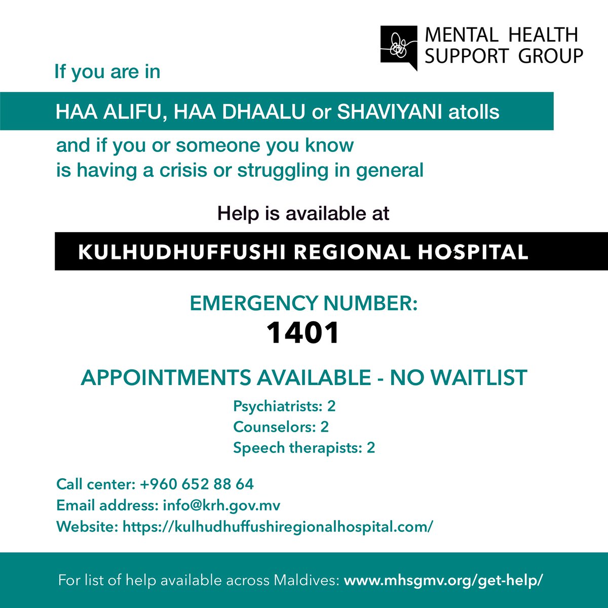 MhsgMv's tweet photo. Kulhudhuffushi Regional Hospital
Emergency number: 1401

For list of help available across Maldives: https://t.co/AjYm1W4u0Q

#HaaAlifu #HaaDhaalu #Shaviyani #Khulhudhuffushi 

1/2 https://t.co/CRFwH8sJy0