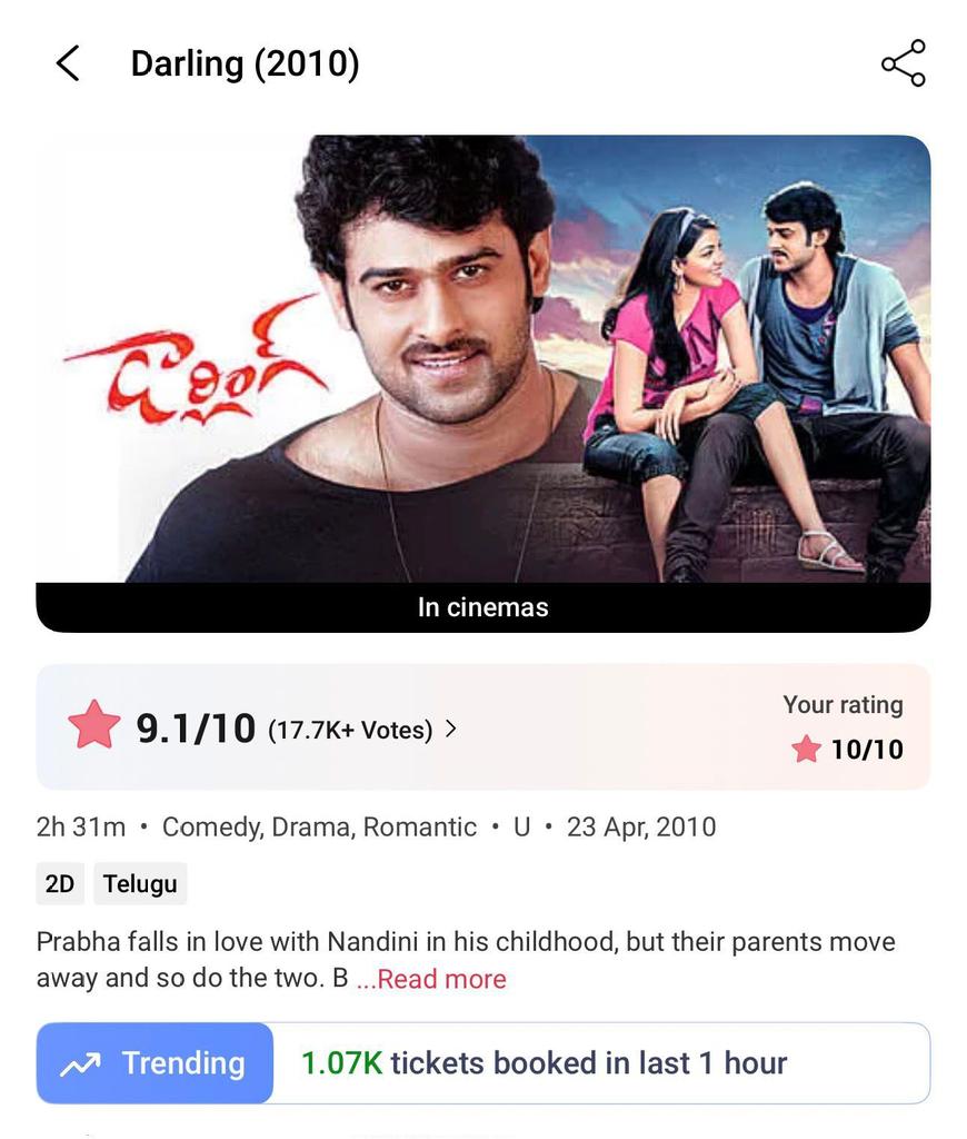 Kkdtalkies's tweet photo. ALL TIME RECORD 

1st Ever A Re-Release Film 4th Day Hourly Trending In BookMyShow 💥💥

#Darling4K https://t.co/VEzOQce8NE