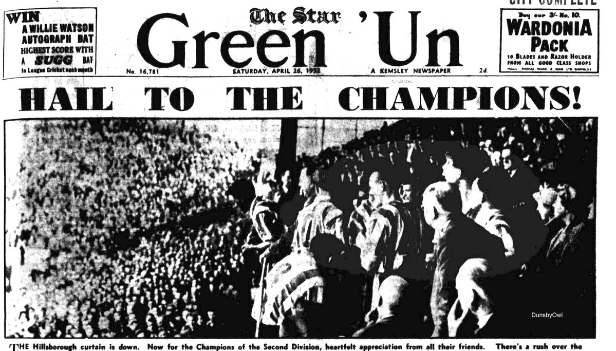 Dunsbyowl's tweet image. Hail to the CHAMPIONS!  What a team !#OnThisDay in 1952, the amazing Mr Dooley scored Wednesday's 100th &amp;amp; his 47th goal of the season (in the last minute! 😃) to draw 2-2 with @WestHam in front of 44,011 and #SWFC celebrated promotion as Champions of Division 2. #WAWAW #YoYo