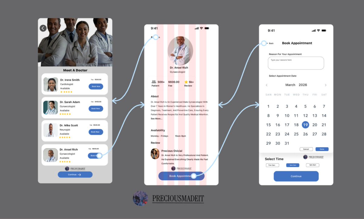 _preciousmadeit's tweet photo. A MENTAL HEALTH APP SUPPORT DESIGN -ONBOARDING SCREEN

Designed Update on my project Sanemind 🥹 
Appointment booking UI 
I designed the booking experience 
Choose a doctor
Pick a date
Book instantly
What do you think? https://t.co/cUbeVJZ3o4