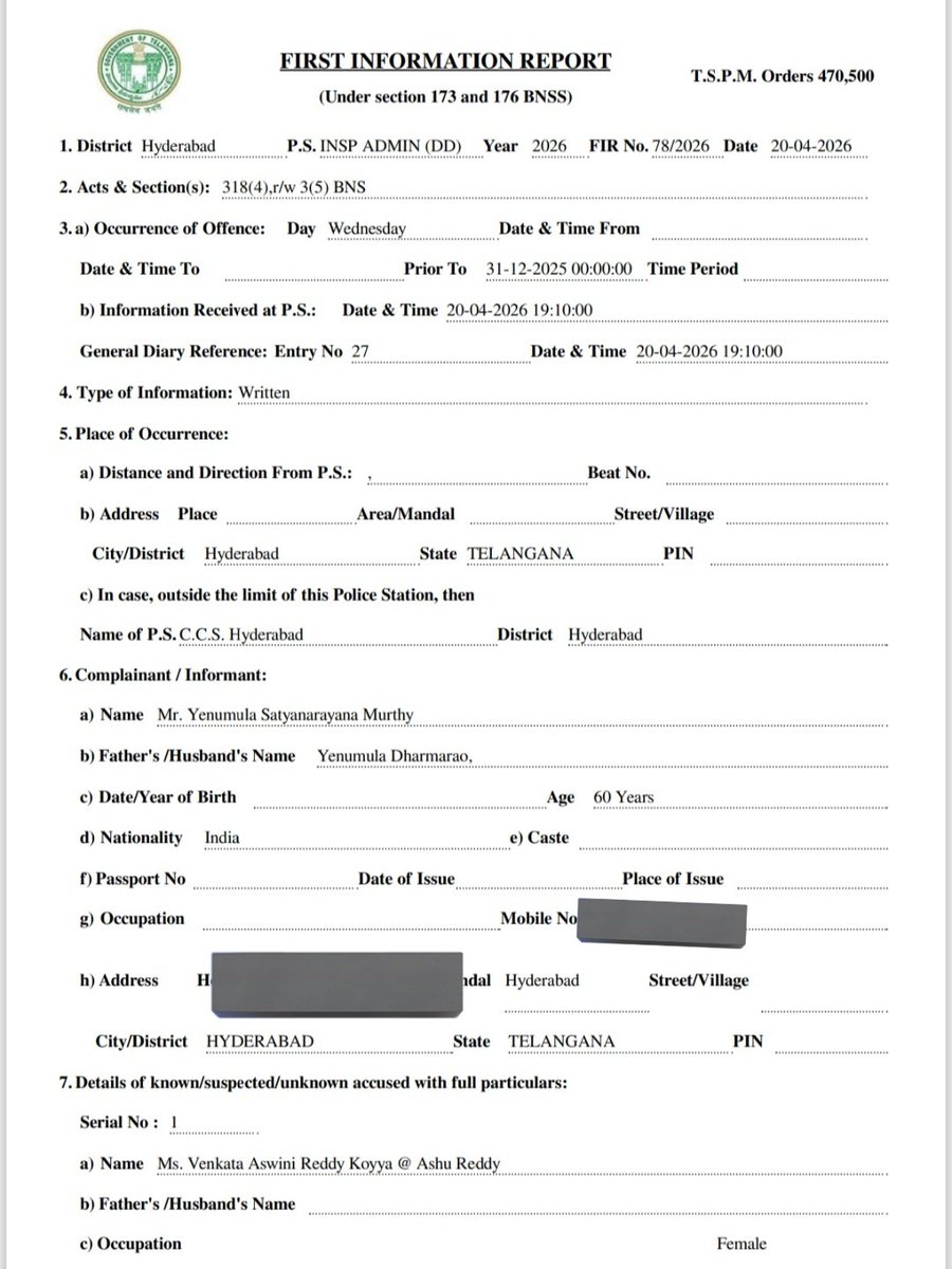 TeluguScribe's tweet image. పెళ్లి చేసుకుంటానని నమ్మించి రూ.9.35 కోట్లు, 5 కిలోల బంగారం, ప్లాట్లు, ఖరీదైన వాహనాలు తీసుకొని మోసం చేసిన అషు రెడ్డి

అషు రెడ్డి మరియు ఆమె కుటుంబ సభ్యుల మీద నాన్ బెయిలబుల్ కేసు నమోదు

హైదరాబాద్ - షేక్‌పేట్ ప్రాంతానికి చెందిన యెనుముల సత్యనారాయణ కుమారుడు వై.వి. ధర్మేంద్ర లండన్‌లో