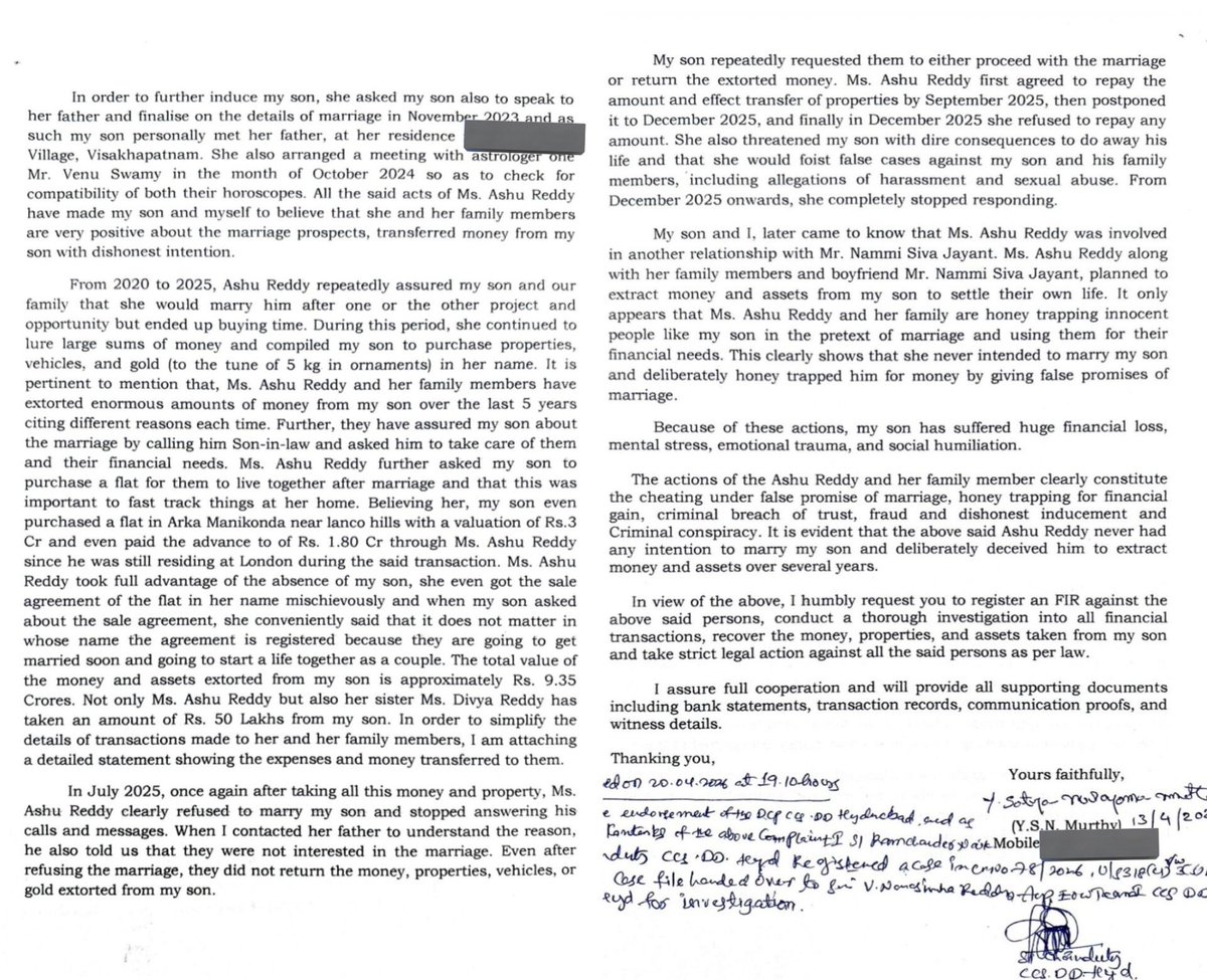 TeluguScribe's tweet image. పెళ్లి చేసుకుంటానని నమ్మించి రూ.9.35 కోట్లు, 5 కిలోల బంగారం, ప్లాట్లు, ఖరీదైన వాహనాలు తీసుకొని మోసం చేసిన అషు రెడ్డి

అషు రెడ్డి మరియు ఆమె కుటుంబ సభ్యుల మీద నాన్ బెయిలబుల్ కేసు నమోదు

హైదరాబాద్ - షేక్‌పేట్ ప్రాంతానికి చెందిన యెనుముల సత్యనారాయణ కుమారుడు వై.వి. ధర్మేంద్ర లండన్‌లో