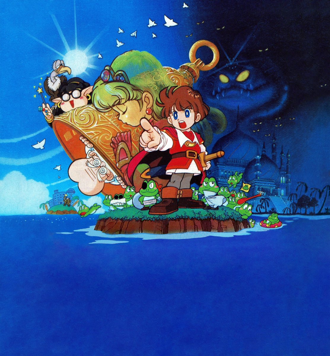 The artwork of Kaeru no Tame ni Kane wa Naru by Tomoyoshi Yamane used on the cover of the Japanese #GameBoy release. Removed logos/text, applying the usual upscale/clean/retouch process. I consider this game to be the spiritual predecessor of Link's Awakening.