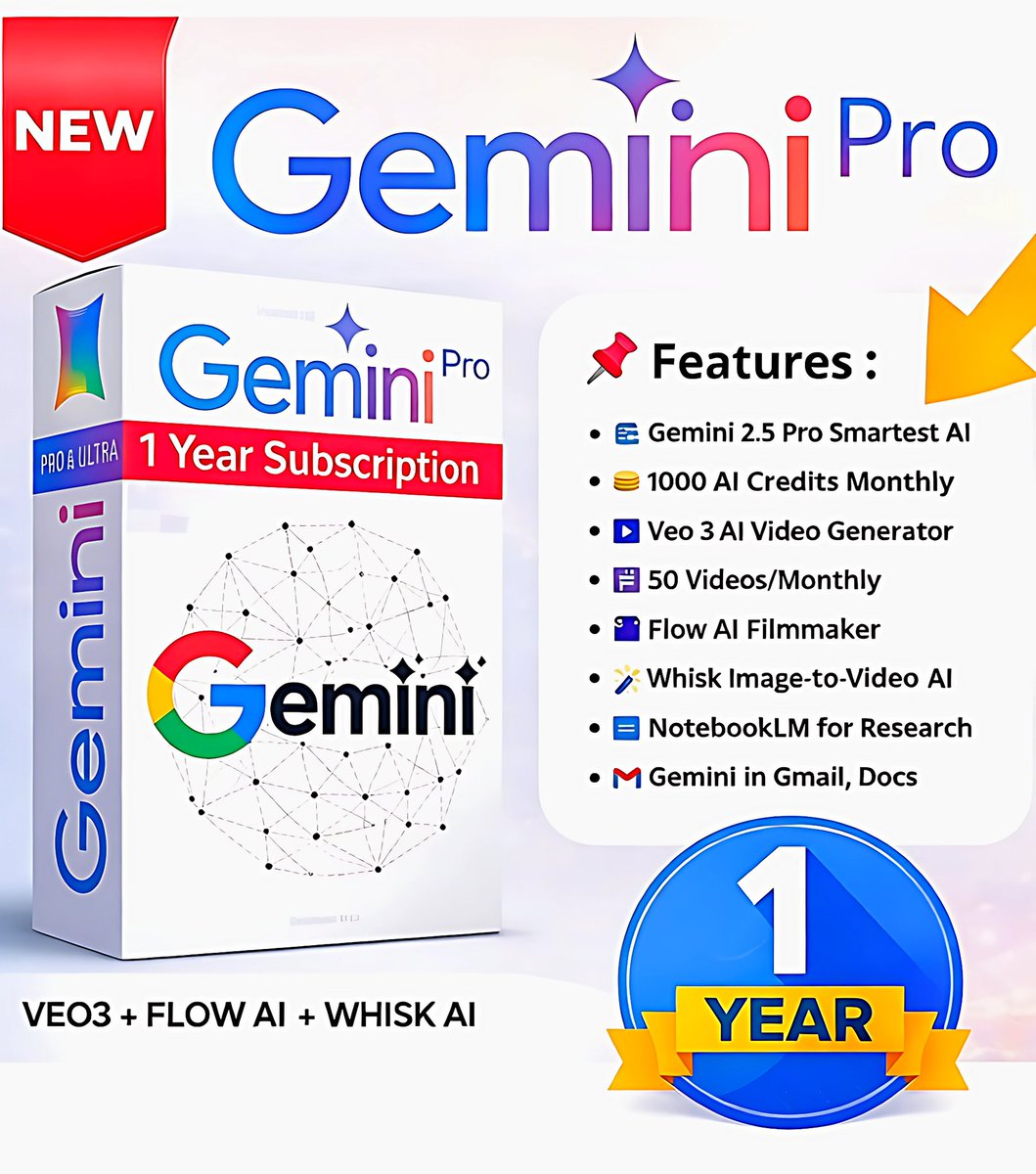 tec_marco10's tweet photo. 🚨 Gemini Pro 1 Year Giveaway! 🚨

✨ Gemini 2.5 Pro
💰 1000 AI Credits/Month
🎬 Veo 3 + Flow AI + Whisk
📚 NotebookLM
📩 Gmail &amp; Docs Integration

To Enter:
1️⃣ Follow @tec_marco10
2️⃣ Like &amp; RT
3️⃣ Comment “ Send ”

⏳ 48 Hours Only. https://t.co/l4BQHIyz2K
