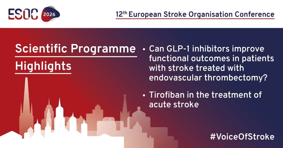 ESOstroke's tweet image. Just over a week to go until #ESOC2026. Explore key questions in #StrokeScience such as GLP-1 inhibitors&amp;amp;functional outcomes after endovascular thrombectomy&amp;amp;Tirofiban in acute stroke. Join us in Maastricht. ✨ Register: ow.ly/YyYn50YIWQH
 #Stroke  #VoiceOfStroke