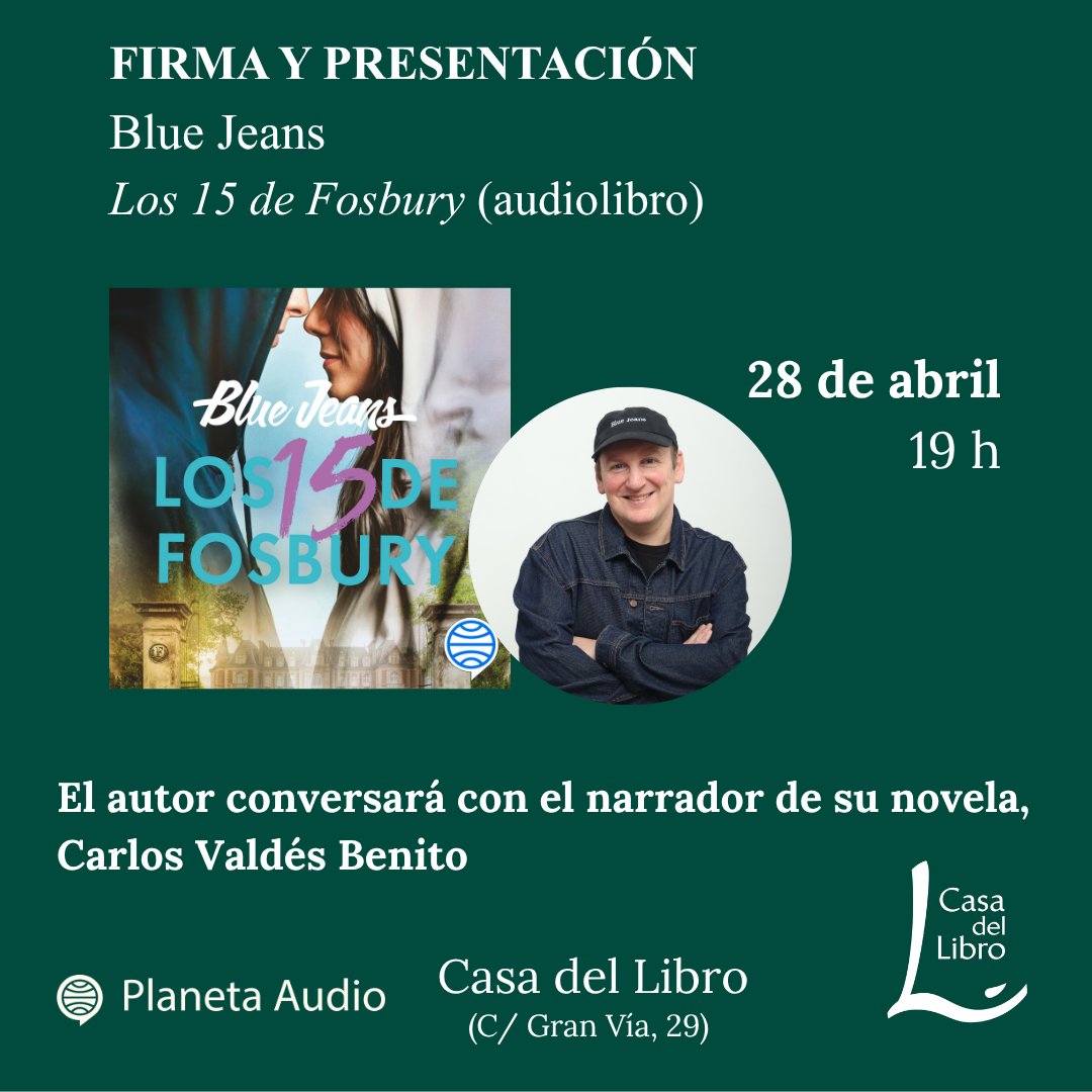 casadellibro's tweet photo. ¡Firma y presentación de Blue Jeans (@FranciscodPaula) en Casa del Libro📍Gran Vía! 🙌

El autor va a conversar con Carlos Valdés, el narrador de su novela "Los 15 de fosbury", que está disponible en audiolibro. Será una tarde muy interesante y entretenida. ¡No te la puedes perder! 👇

@Planeta_Audio_