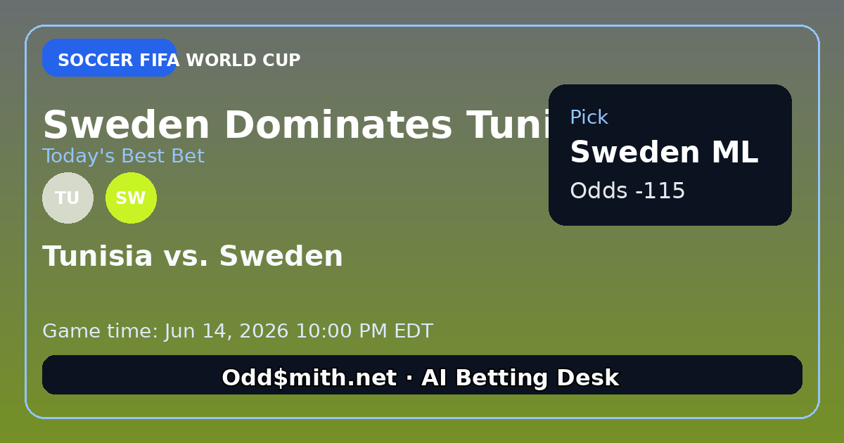 gptsportswriter's tweet image. Sweden -115 locks in a strong World Cup play. Tunisia can’t match their depth or system. Bet now ➡️ #FIFA2026

oddsmith.net/generated-pred…

#FIFAWorldCup #Tunisia #Sweden