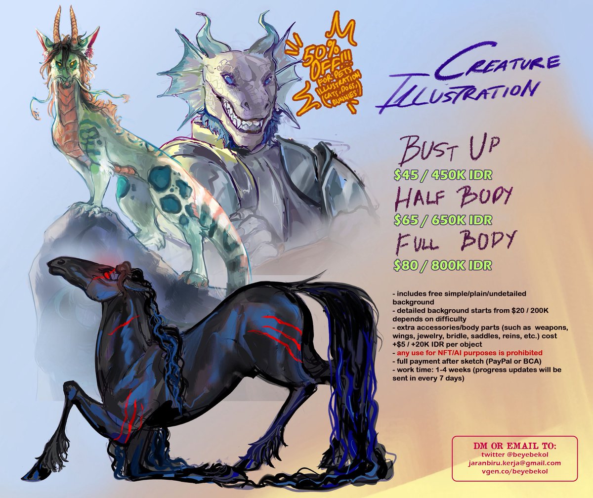 (shares are appreciated thank uu <3)

My May commission batch is open for multiple styles &amp; artwork type for character/animal/creature. 6 slots available 

order form!  forms.gle/azyX9oGdZmzLHM…. 

Or you can directly dm/email me! (Slots can only be claimed by sending me a brief)