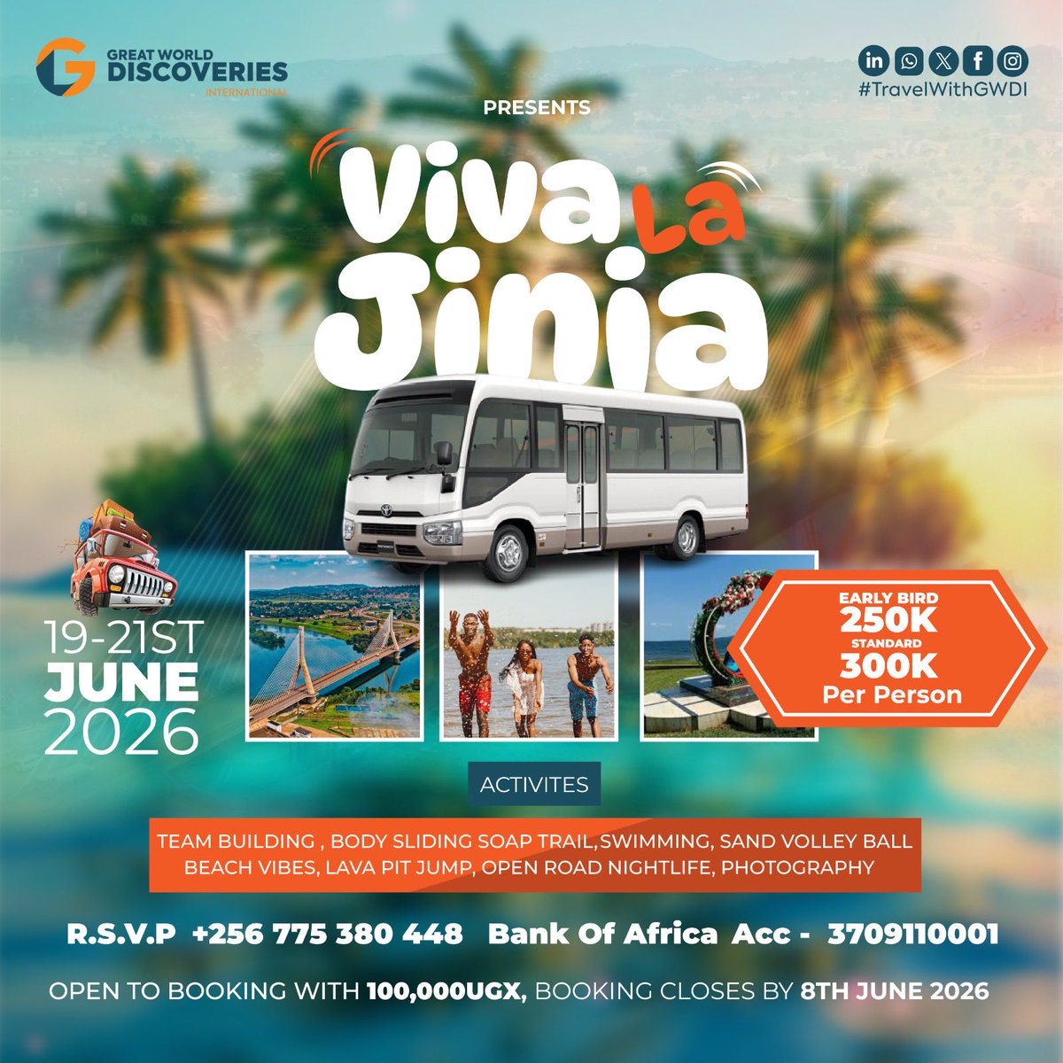Your squad deserves this trip 🏖🔥

Tag them, then secure your spot
Payments are OPEN for #GWDIVivaLaJinja

📅 June 19th –21st 2026z 
💰 Book with 100K UGX

Let’s make memories. #TravelWithGWDI