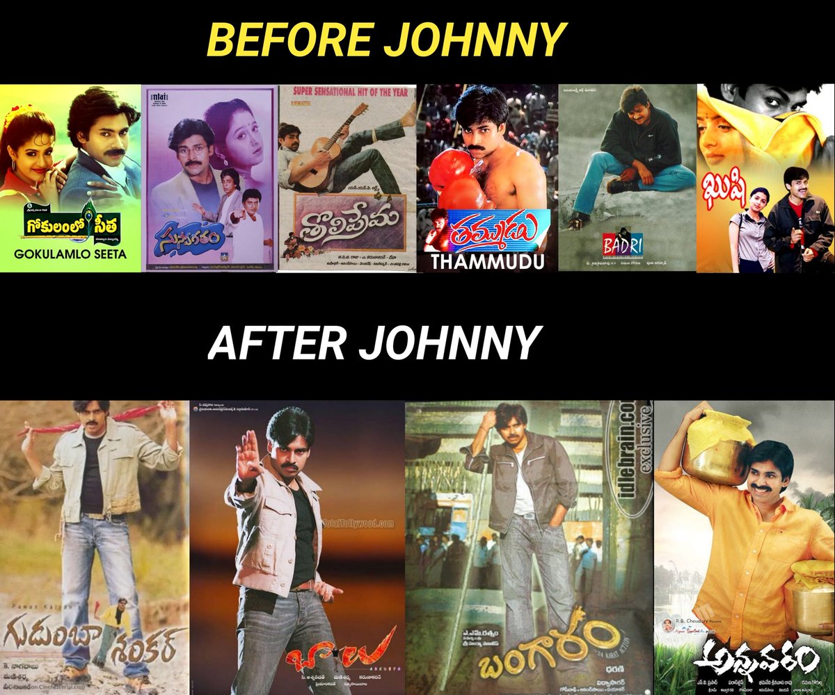 vedivediga's tweet photo. Q) How does a film’s failure affect a man?
A) Pawan Kalyan’s filmography before #Johnny and after Johnny
#23YearsOfJohnny https://t.co/zVp7iPrXgU