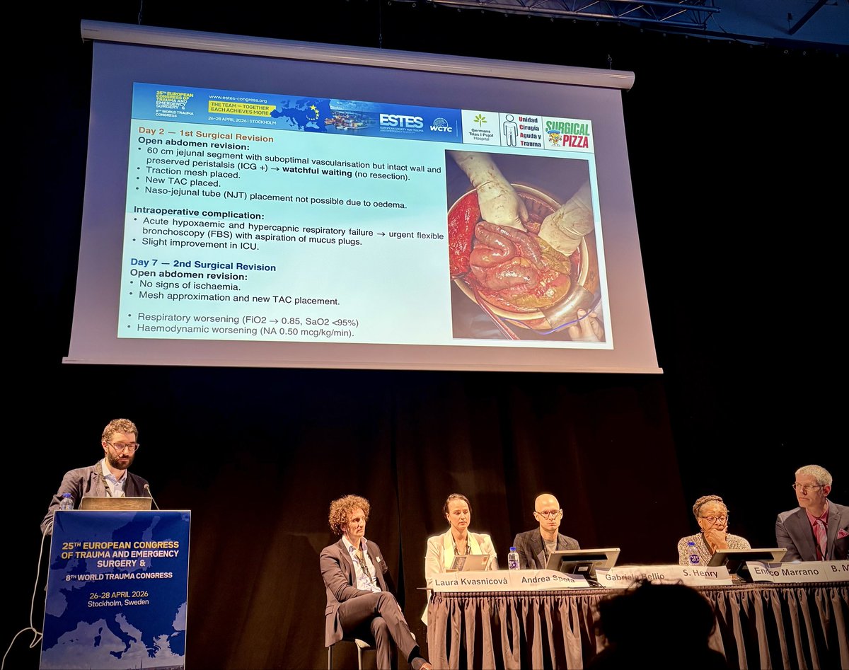garybassmd's tweet photo. #youngESTES kicking off #ESTES2026 with a case-based masterclass in open abdomen for non-trauma nightmares @surgicalpizza https://t.co/FToFClLOd4