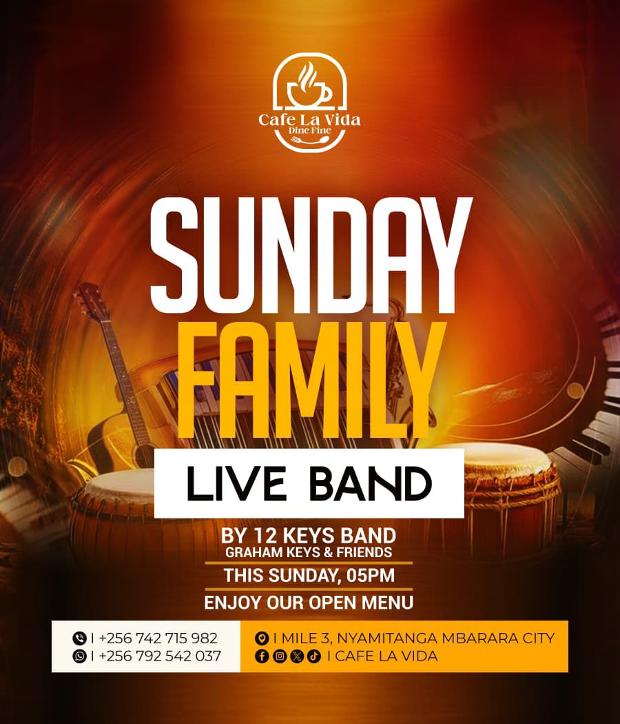 GrahamKeysMusic's tweet photo. Every Sunday vibes 🎶  

Catch 12 Keys Band live at Café Lavida, Mbarara  
5PM | Great music, family-friendly atmosphere &amp; tasty food 🍽️  

Pull up with your crew and enjoy the evening!  

#grahamkeysmusic #celebratinglove @12keysband https://t.co/t3zNlvk9ay