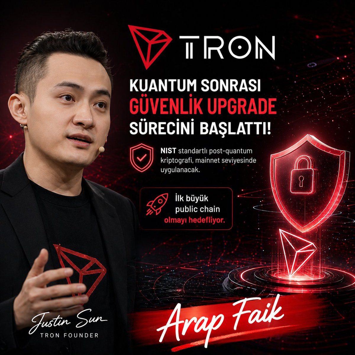 FaikbinArap's tweet photo. Justin Sun yine tartışma değil aksiyon tarafında 👀
✨ #TRON için post-quantum (kuantum sonrası) güvenlik upgrade sürecini resmen başlattığını açıkladı. Hedef net: NIST standartlarında kriptografiyi mainnet seviyesinde uygulayan ilk büyük zincir olmak. Sektörün çoğu hâlâ “kuantum risk mi, ne zaman gelir?” tartışmasında. Burada ise doğrudan çözüm üretmeye odaklanan bir yaklaşım var.
- Justin’in mesajı da oldukça iddialı: “Bu bir tartışma konusu değil, olması gereken bir özellik.” Bu hamle özellikle uzun vadede: Varlık güvenliği, cüzdan güvenliği, gelecekte oluşabilecek tehditlere karşı hazırlık gibi konularda çıtayı yukarı çekebilir.
✨ Teknik roadmap henüz gelmedi ama yaklaşım net: erken davran, riski sıfıra yaklaştır. Takip edilmeye değer bir süreç başlıyor 🚀

#TRONGlobalFriends #TGF @TronDao_Turkish @justinsuntron