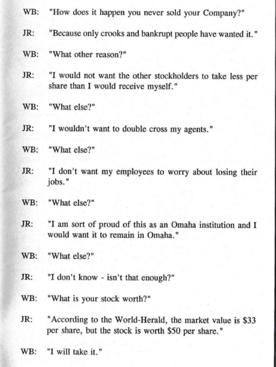 F_Compounders's tweet photo. In 2004 Warren Buffett told shareholders that if Berkshire hadn’t acquired National Indemnity for $8.6 million in 1967: “Berkshire would be lucky to be worth half of what it is today.” 

This is a conversation between Buffett and Jack Ringwald on the purchase of National Indemnity