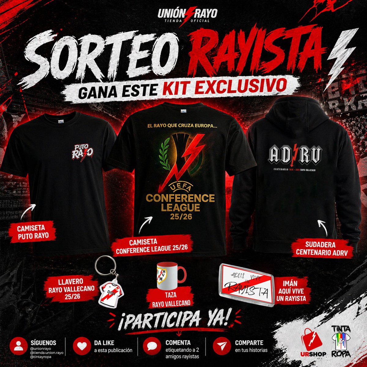 UnionRayo's tweet photo. 🎰 Pedazo de sorteo

Para conseguir todo esto entra en el instagram de UR Shop y sigue las instrucciones 

📲 https://t.co/BIWLVd0fxk

#sorteo #putorayo #rayo #vallecas https://t.co/qJN9CNAF4U