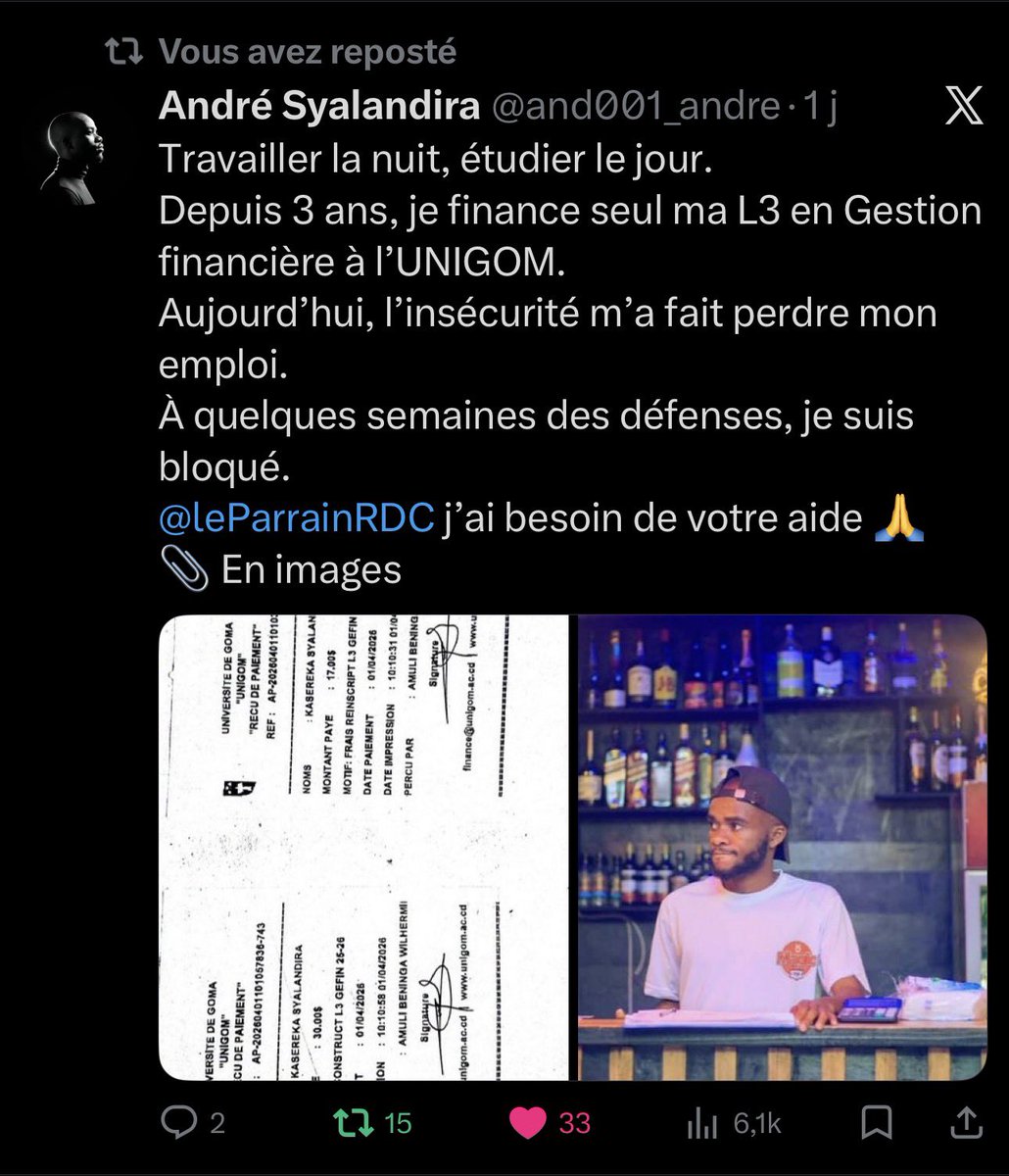 Chaîne de solidarité « dimanche charité », aujourd’hui deux dossiers 📂 au programme : G. Kapinga étudiante à l’université de Kananga qui a besoin d’un PC et Syalandira André, finaliste à l’université de Goma qui a besoin d’un soutien financier pour les frais académiques.

PC :