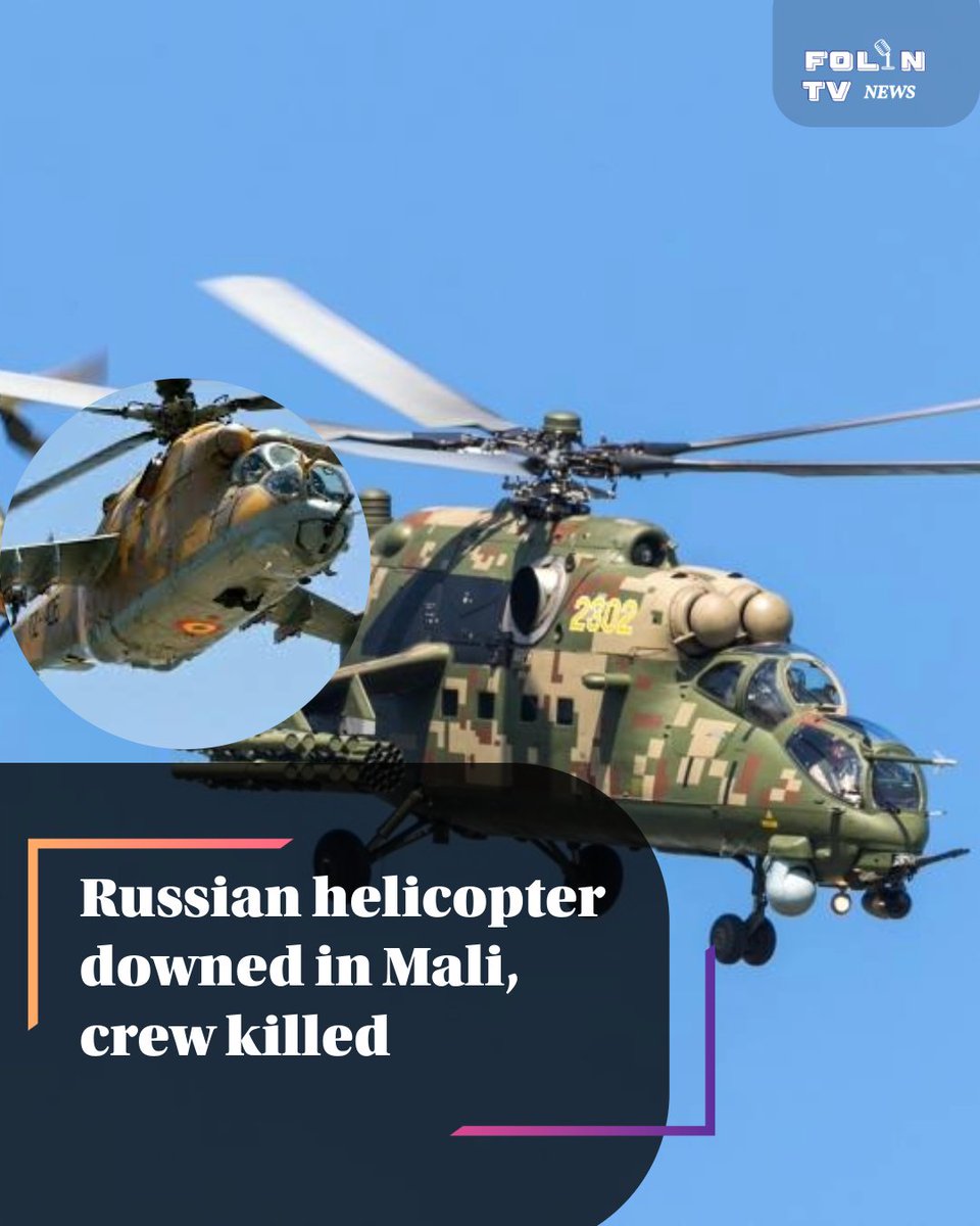 FOLINTV's tweet image. A Russian helicopter was reportedly shot down near Gao, Mali, with all crew and troops on board killed. Early reports suggest it may have been hit by external fire during ongoing clashes involving armed groups in the region.#Mali #Russia #HelicopterCrash #BreakingNews #Conflict