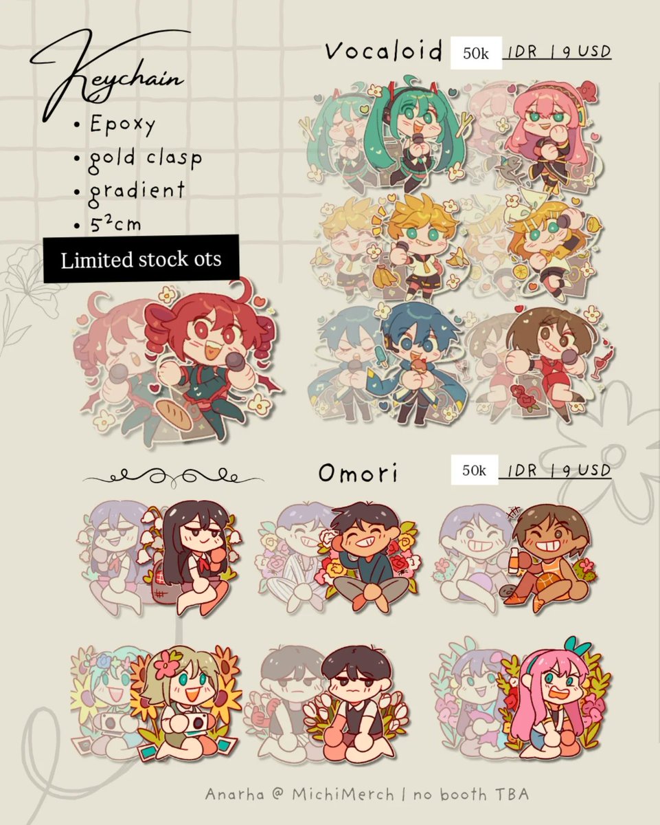 Please refer to this post for ots catalogue! (1/2)

Let me know if there's any merch you would wanna see offline!

🌼 J-9 Michimerch (day 1 only)
🏠Fandom : #vocaloid #ib #omori #ddlc #comifuro22 #cf22