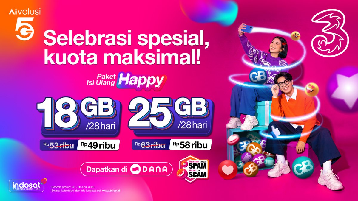 triindonesia's tweet image. Selalu jaga komunikasi dengan memastikan paket data selalu ada dan on teruuus~

Mumpung ada promo kuota #Happy nih di aplikasi DANA, cuuss aktifkan sekarang!

Hematnya pas banget buat di akhir bulan, #TriLebihHematSinyalCepat selalu pengertian buat kamu yang butuh kuota di akhir
