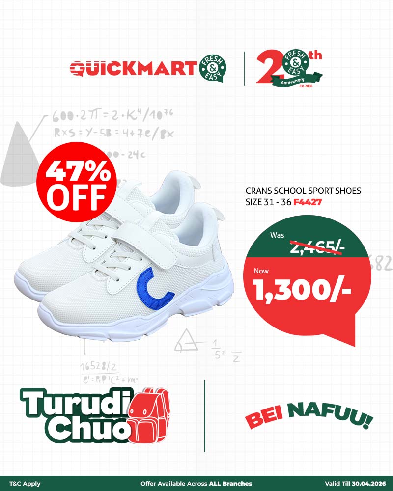 QuickmartKenya's tweet image. Back to school just got easier.
Shop sturdy, comfortable school shoes at great prices—available in all our stores. While stocks last.

Shop online from our website quickmart.co.ke

Download the app qrfy.com/1bdkIHDde-

#TurudiChuo
#20YearsTogether
#BeiNafuu
