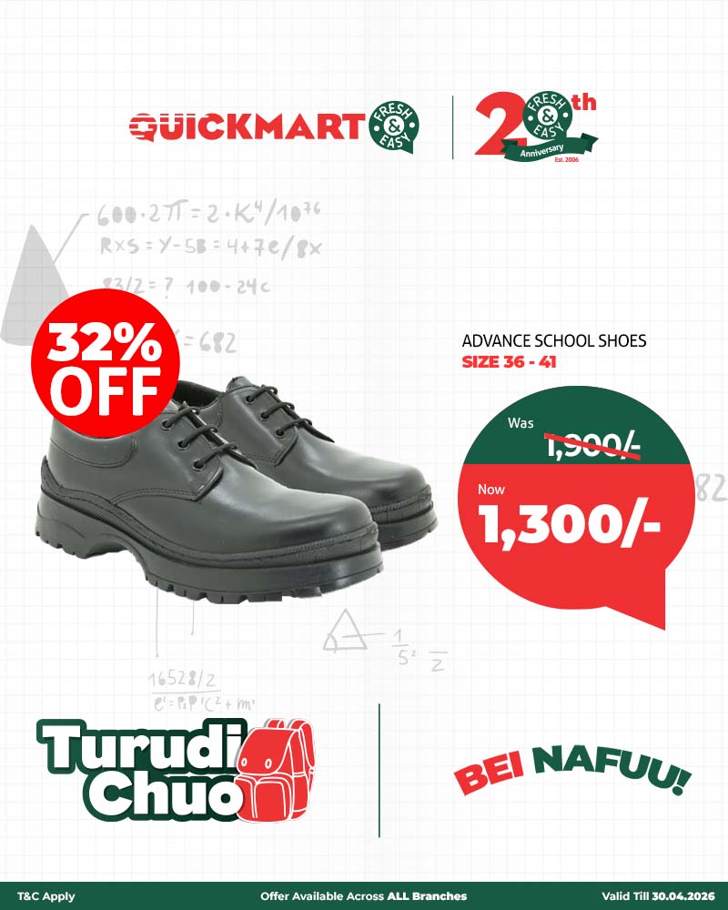 QuickmartKenya's tweet image. Back to school just got easier.
Shop sturdy, comfortable school shoes at great prices—available in all our stores. While stocks last.

Shop online from our website quickmart.co.ke

Download the app qrfy.com/1bdkIHDde-

#TurudiChuo
#20YearsTogether
#BeiNafuu