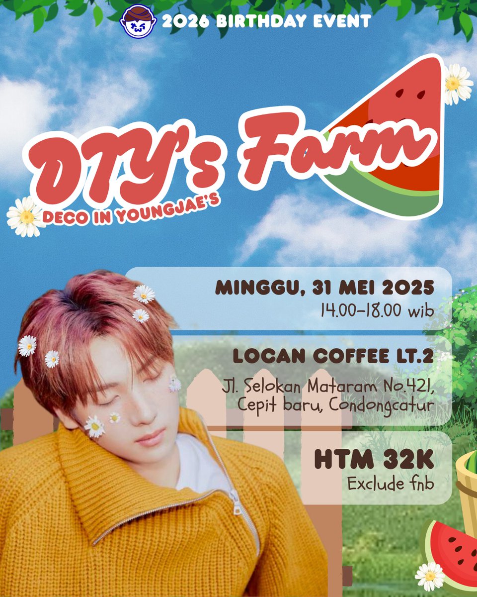 42SAI_YK's tweet photo. [42:NFO]

Harvesting creativity at DIY's Farm : Deco In Youngjae's Farm 🍉🐹✨

Hey hey 42dulur, siap merayakan ulang tahun Youngjae? Yuk kumpul di kebun semangka Youngjae dan bikin prakarya yang one-of-a-kind bareng Sai Jogja lainnya ✨ https://t.co/QifgsjiLXi