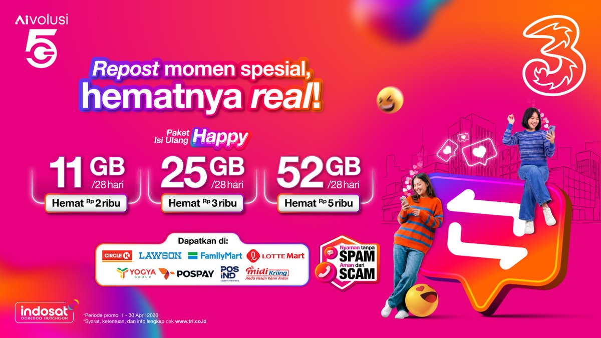 triindonesia's tweet image. Tandain promonya!

Kuota Happy #TriLebihHematSinyalCepat ini cuma bisa kamu dapetin di beberapa minimarket terdekat!

Daaann kuota #Happy ini udah termasuk sama AI Anti Spam &amp;amp; Scam yang bisa kamu aktifkan di aplikasi bima+
Internetan lancar dan hemat, makin aman karena bisa