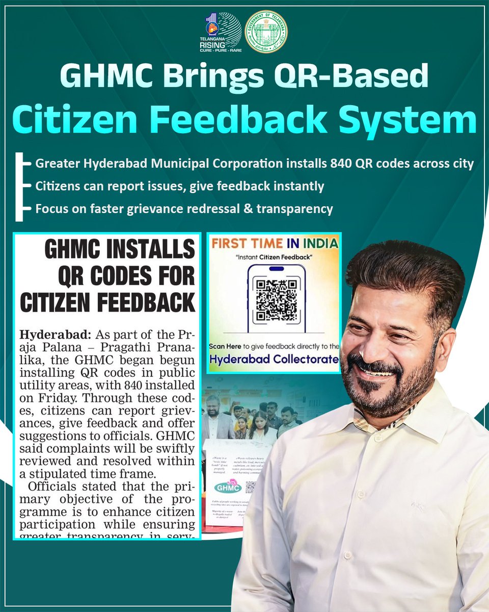 AbhayaHasthamTG's tweet image. Greater Hyderabad Municipal Corporation క్యూఆర్ ఆధారిత వ్యవస్థతో పౌరుల ఫిర్యాదుల పరిష్కారంలో వేగం, పారదర్శకతకు కొత్త దిశ 📱🏙️
#GHMC #Hyderabad #SmartCity #Transparency #Civic