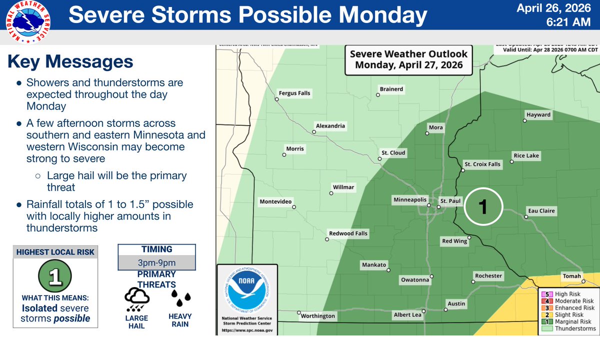 NWSTwinCities's tweet image. Scattered showers will become more numerous by later this afternoon before widespread steady rain settles in overnight. Rain will continue into tomorrow morning with a chance for strong to severe storms to develop during the afternoon. #mnwx #wiwx