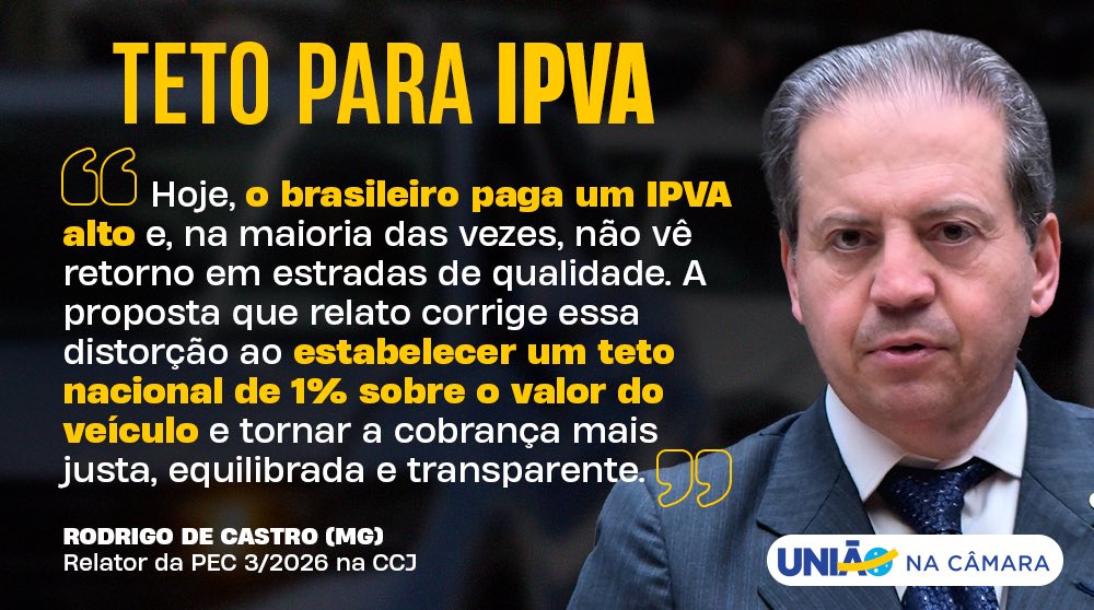 🚗 O deputado @‌MGRodrigoCastro (MG), relator da PEC 3/26 na @‌ccjc_camara, defendeu mudanças no IPVA para tornar a cobrança mais justa. A proposta cria teto nacional de 1% e novos critérios de cálculo. O parlamentar também fará audiências para debater e aperfeiçoar o texto.