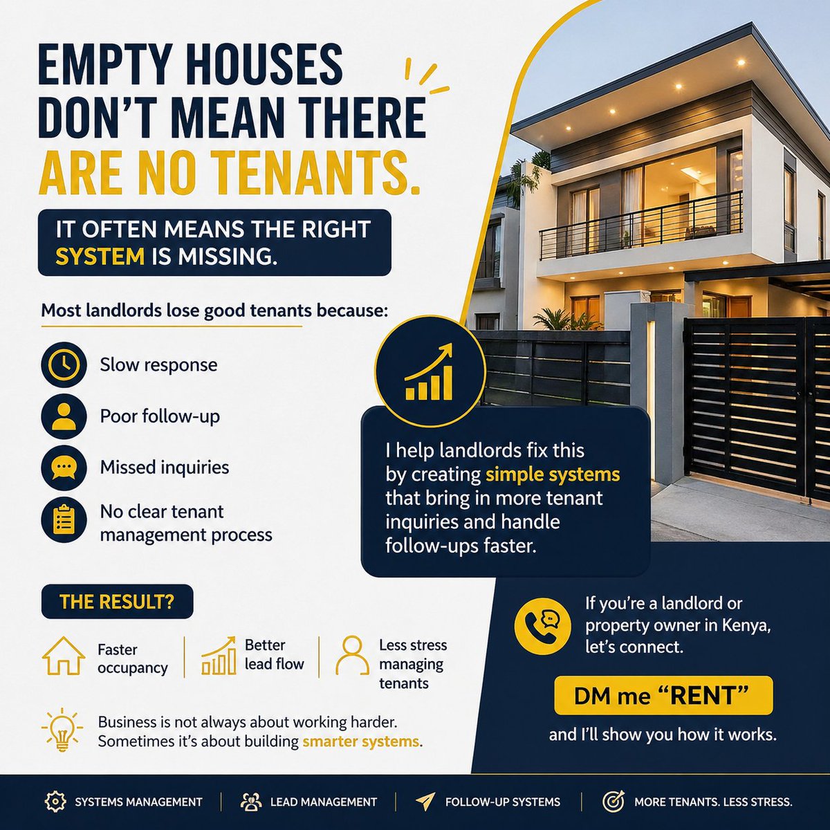 francismoses600's tweet image. Empty houses don’t mean no tenants—it means no system.

Landlords lose tenants due to:
❌ Slow replies
❌ Poor follow-up
❌ Missed inquiries
I fix this with simple systems that bring faster occupancy and more leads.
DM “RENT” (Kenya)
#RealEstateKenya #PropertyManagement