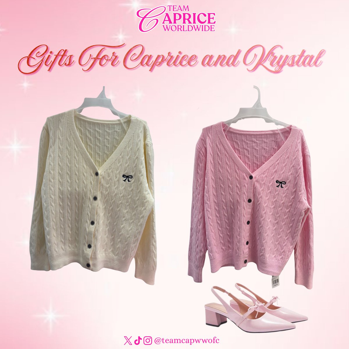 TeamCapWWOFC's tweet image. Sweet little surprises for Cap and Krystal! 💗

Matching cozy cardigans and a pair of pretty pink heels for Cap — carefully chosen gifts for Caprice and Krystal from Team Caprice Worldwide. May these remind them how loved and supported they are by the fandom every step of the