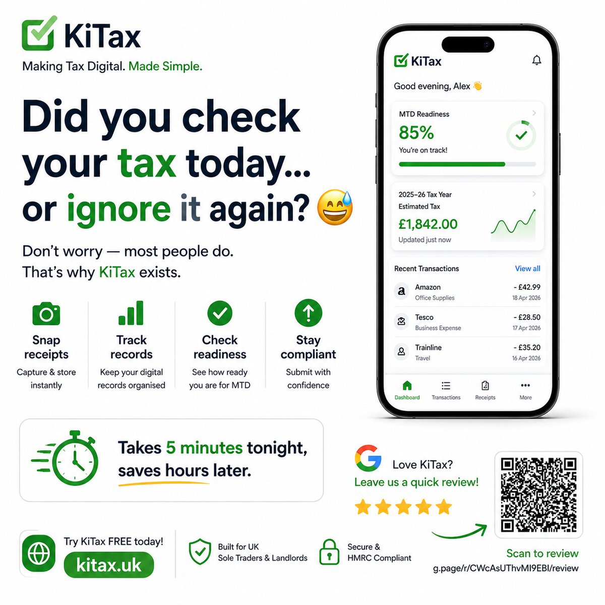Kitax_Digital's tweet image. Did you check your tax today... or ignore it again? 😅

No judgement. Most sole traders do.

But with MTD now mandatory — ignoring it 
is getting expensive.

5 minutes on KiTax tonight sorts it.
Free to start 👇

kitax.uk

#MTD #SoleTrader #HMRC #MakingTaxDigital