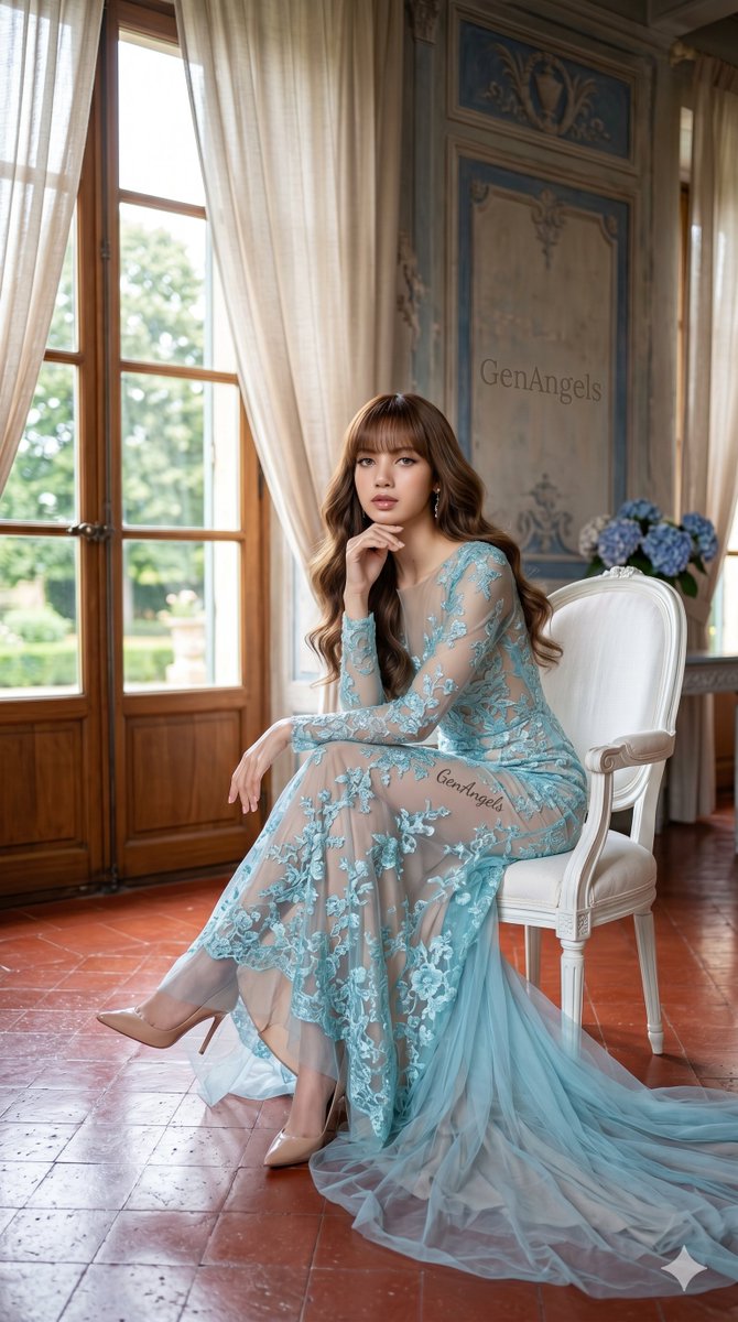 AFantagirl85190's tweet image. #Lisa #nanobananapro #GrokAI #CinematicAI #AIModel #FreePrompts:

A sun-drenched, full-body portrait of an elegant woman defined by quiet poise, seated upon a vintage white French armchair in a luxurious classical interior. A sense of ethereal grace flows from her gown of sheer,